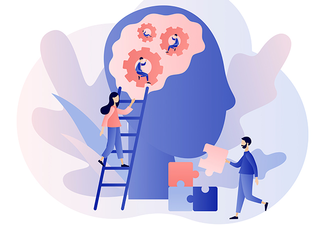 An illustration shows the shape of a human head with mechanical structures in the brain. One character climbs up a ladder and another character is picks up a piece of a puzzle.