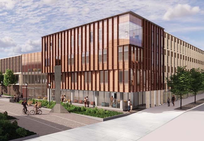 Conceptual design image of Penn GSE’s renovated building containing tall panels and numerous windows.