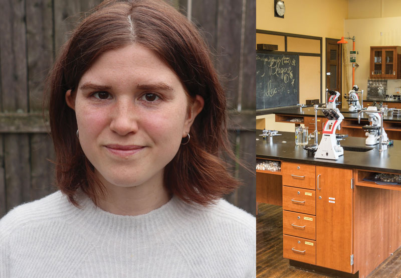 Headshot of Charlie (Rachel) Porter next to an image of a science laboratory containing various articles including a blackboard and wooden tables with lab equipment.]