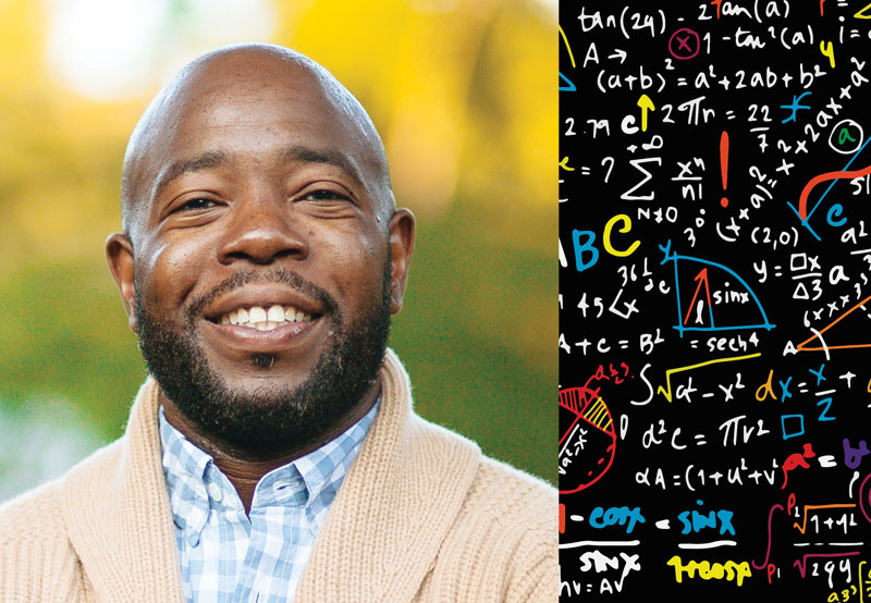 Headshot of Barry Wilkins next to a digital illustration of a blackboard with various mathematical symbols and notations in different colors.