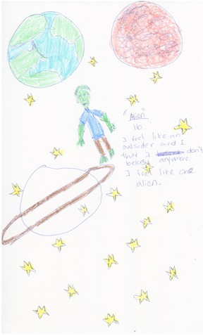 Child's drawing of feeling "like an alien"