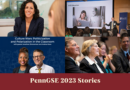 Penn GSE 2023 Stories, clockwise from top left: Dean Katharine O. Strunk; Dr. James Lester delivers the keynote at the McGraw Center for Educational Leadership opening event; Suzanne McGraw is in the audience at an event, listening; Cover art for the second episode of the Educator's Playbook Podcast  