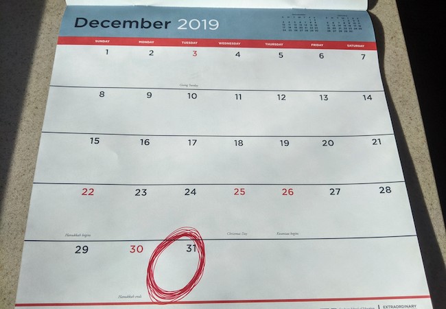 A calendar for December 2019, with December 31 circled in red. 