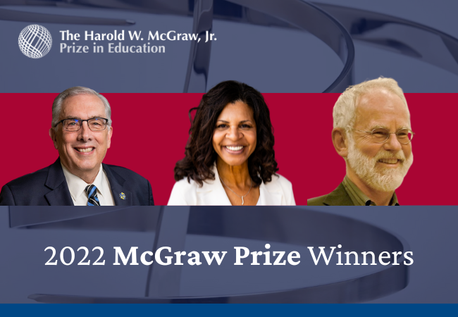 Photos of the 2022 McGraw Prize winners Dr. Barry Dunn, Dr. Cheryl Logan and Dr. Roy Pea