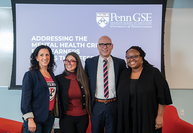 Dean Katharine Strunk, from left, Noémie Le Pertel, Benoit Dubé, and Ariane Thomas are pictured after their Homecoming panel