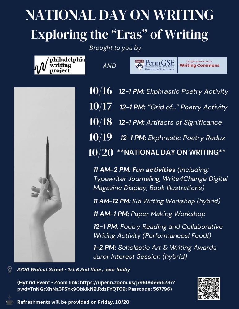 schedule of events graphic for the 2023 National Day on Writing celebration at Penn GSE