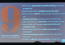 A presentation slide titled "9 Skills for Strategic Political Leadership" appears on a projector screen listing nine skills recommended for education leaders.