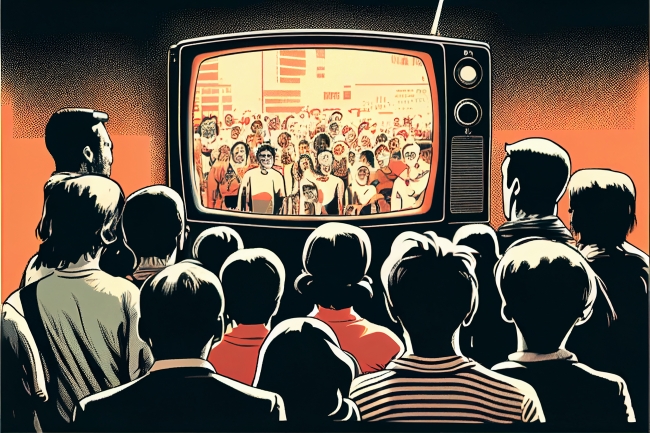 A stylized retro illustration in shades of black, orange, and white showing a crowd of people in the foreground watching a large television. The crowd is mostly younger people, and on the screen is a group of people looking back at them – a good reminder that what we see on the news is happening to real people.
