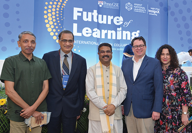 From left to right, University Grants Commission Chairman Mamidala Jagadesh Kumar, Penn GSE's Raghu Krishnamoorthy, Education Minister Shri Dharmendra Pradhan, and Penn GSE's Peter Eckel and Sharon Ravitch at Penn GSE and Anant National University's Future of Learning event in Ahmedabad, India.