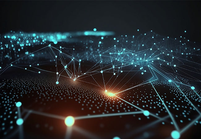 Clusters of dots representing data, most of which are connected by a network of lines.