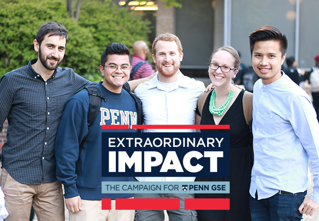 A group of Penn GSE students pose together in the Penn GSE courtyard. The Extraordinary Impact logo is on the bottom of the image. 