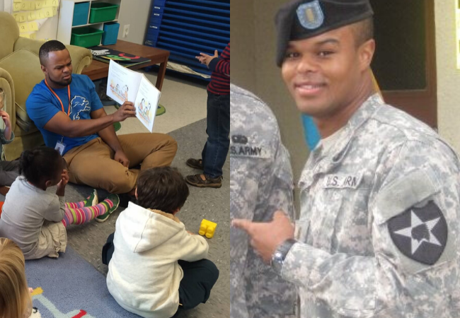 Daris McInnis, left, reading to pre-kindergarten students in Washington, DC, and right, serving in the Army. 