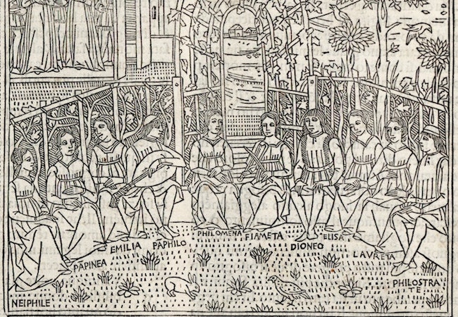 An illustration from The Decameron, showing people sitting in a circle telling a story. 