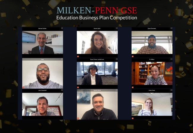 Top row L to R: Michael Golden (Catalyst @ Penn GSE), Nicole Lipkin (HeyKiddo), David Gonzales (Arbol) Middle row L to R: Sage Salvo (Words Liive), Bryan Dinner (Clarifi), EJ Milken (Foundations of the Milken Families) Bottom row L to R: Josh Chernikoff (Cascade Communications), Agustin David (Globant, LLC), Emily Foote (Osage Venture Partners)