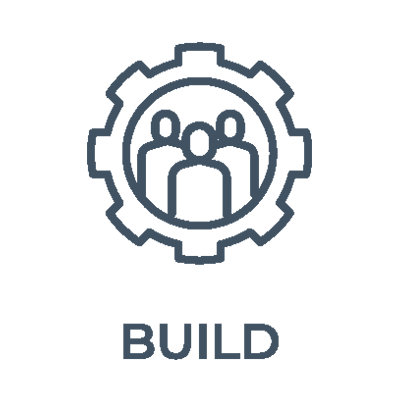 Blue icon of three people surrounded by a gear with "BUILD" written below
