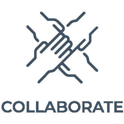 Blue outline of four hands stacked on top of each other with "COLLABORATE" written below