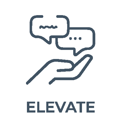 Icon of a blue outline of an open hand holding two speech bubbles with "ELEVATE" written below