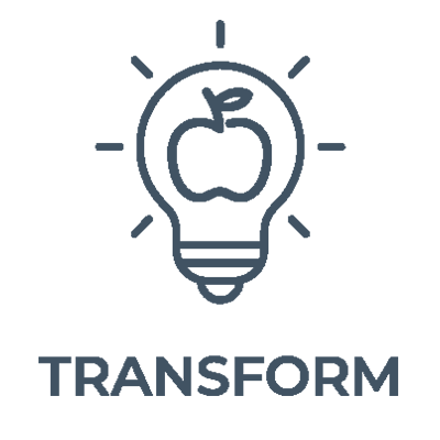 Icon of blue outline of a lightbulb with an apple inside with "TRANSFORM" written below