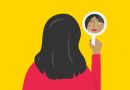 An illustration of a woman looking at herself in a handheld mirror against a bright yellow background.