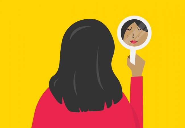 An illustration of a woman looking at herself in a handheld mirror against a bright yellow background.