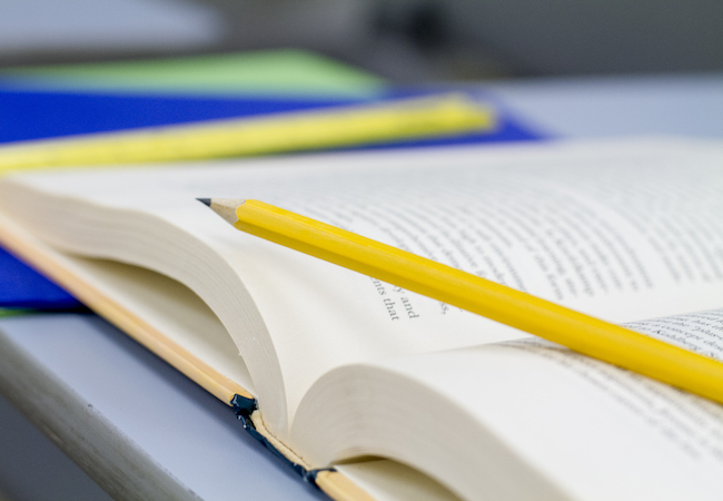 An image of a pencil laid across an open book. 