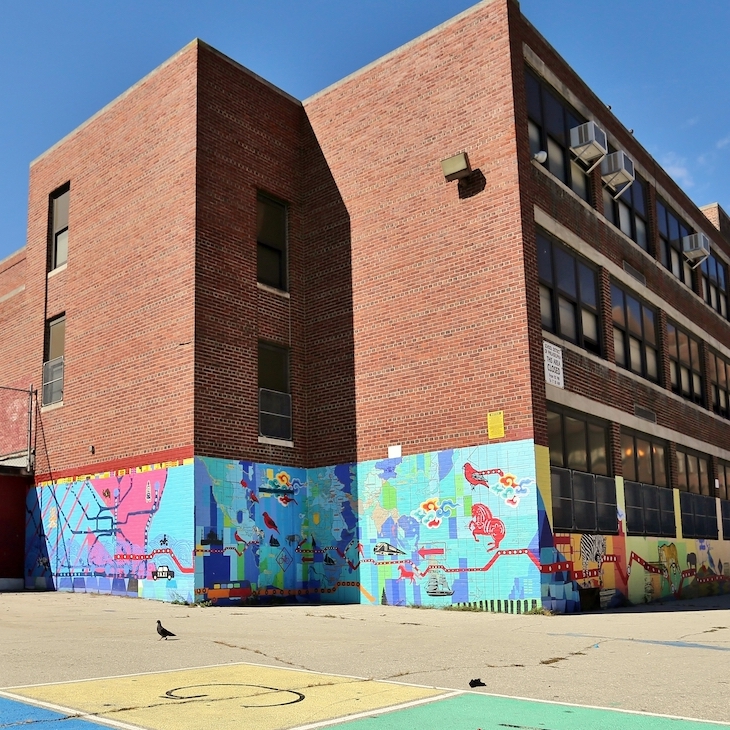 Exterior and playground of the Lea School in West Philadelphia.