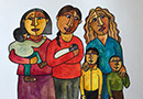 Illustration by David J. Connor showing three mothers with their children. The artwork is used on the front cover of María Cioè-Peña’s book, (M)othering Labeled Children: Bilingualism and Disability in the Lives of Latinx Mothers. 