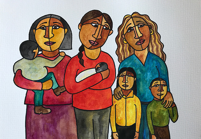 Illustration by David J. Connor showing three mothers with their children. The artwork is used on the front cover of María Cioè-Peña’s book, (M)othering Labeled Children: Bilingualism and Disability in the Lives of Latinx Mothers. 