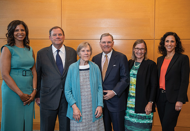 From left to right, inaugural Director Cheryl Logan; Robert, Suzanne, and Harold "Terry" McGraw III; former Dean Pam Grossman; and Dean Katharine Strunk pose for a photo during the launch event for Penn GSE's McGraw Center for Educational Leadership on June 8, 2023
