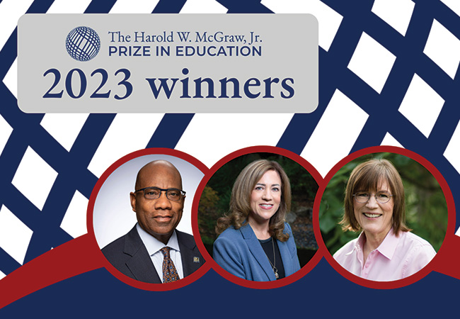 Superimposed over the McGraw Prize logo are three overlapping circles depicting 2023 prize winners, from left to right, Morgan State University President Dr. David Wilson, Superintendent of the Los Angeles County Office of Education Dr. Debra Duardo, and Oakland University Distinguished Professor of Engineering Dr. Barbara Oakley.