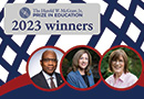 Superimposed over the McGraw Prize logo are three overlapping circles depicting 2023 prize winners, from left to right, Morgan State University President Dr. David Wilson, Superintendent of the Los Angeles County Office of Education Dr. Debra Duardo, and Oakland University Distinguished Professor of Engineering Dr. Barbara Oakley.