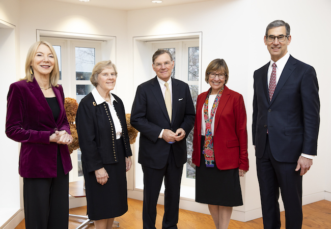 Penn President Amy Gutmann, Sue McGraw, Harold McGraw III, Penn GSE Dean Pam Grossman, and Catalyst @ Penn GSE Director Michael Golden at the February 2020 event launching the McGraw Prize partnership with Penn. 