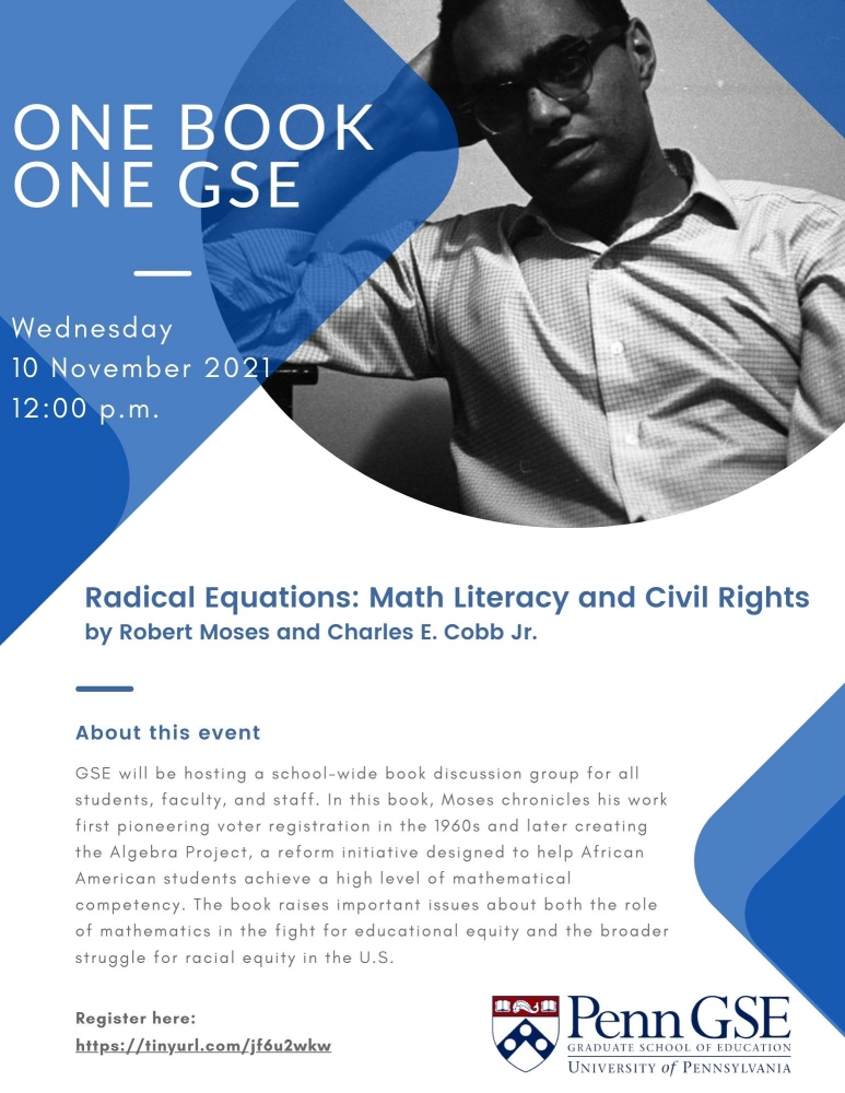 Event flyer with photo of Robert Moses and Penn GSE logo