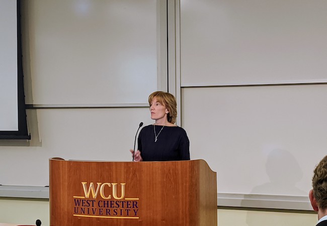 Penn GSE professor Laura Perna testifies at a January 8, 2020 hearing of Pennsylvania Higher Education Funding Commission at West Chester University. 