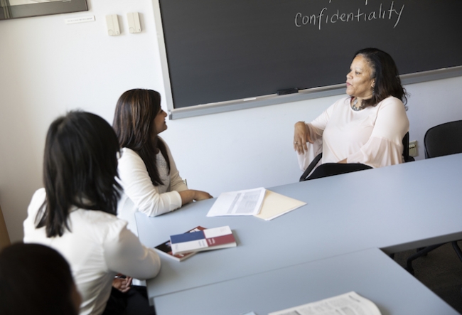 Marsha Richardson, right, leads a discussion at Penn GSE in 2019. 