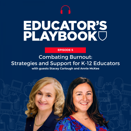 Podcast episode cover artwork featuring the Educator’s Playbook show name, this episode’s number and title, and cut-out images of the show guests.