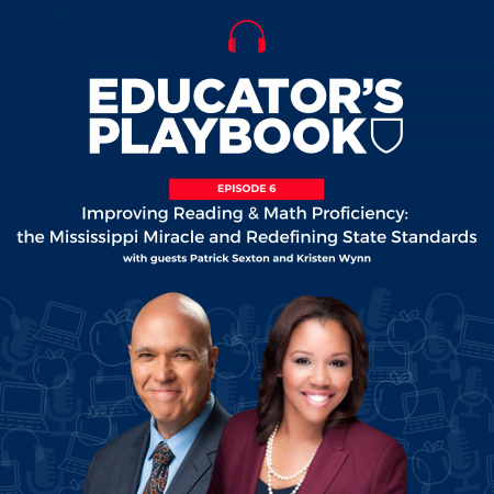 Podcast episode cover artwork featuring the Educator’s Playbook show name, this episode’s number and title, and cut-out images of the show guests.