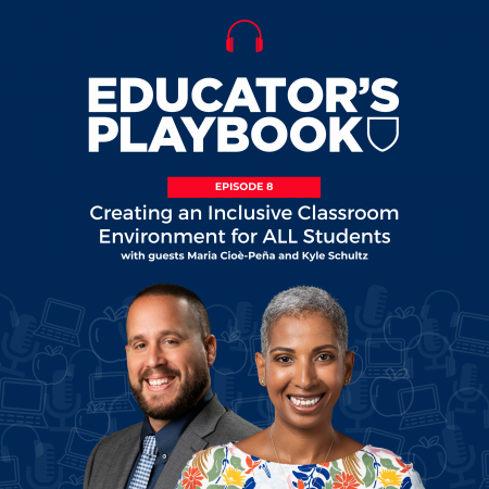 Podcast episode cover artwork featuring the Educator’s Playbook show name, this episode’s number and title, and cut-out images of the show guests.