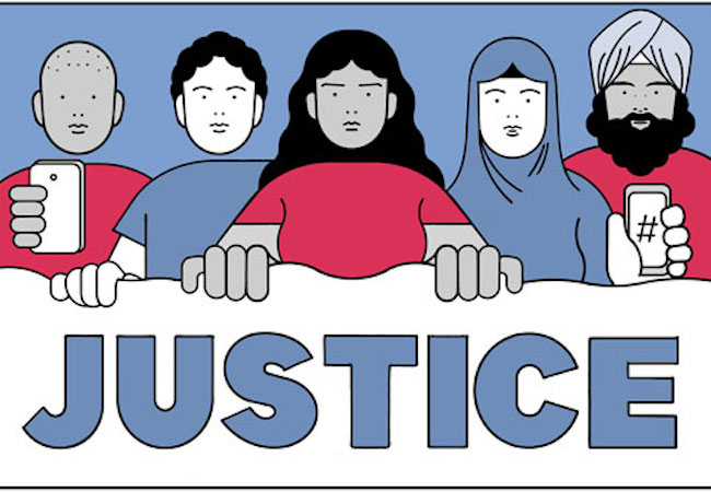 An illustration of five people, including two holding up camera phones, looking at the viewer. They hold a sign that reads "Justice."