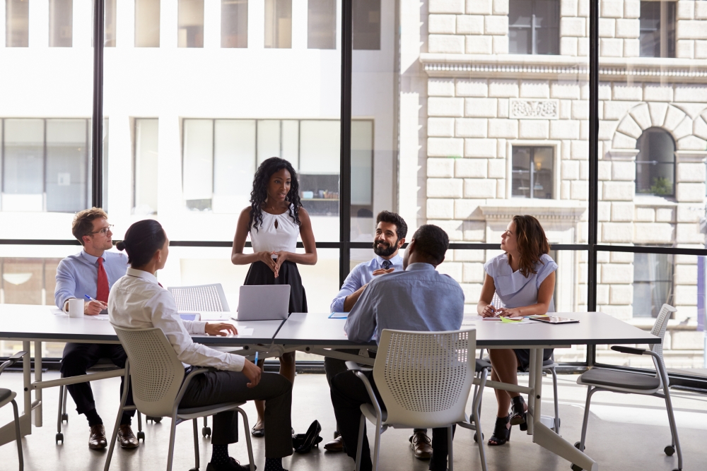 A woman presenting to a group of people seated at a table 