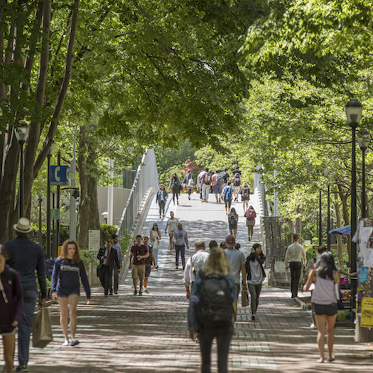 Students walking on Locust Walk on sunny spring day