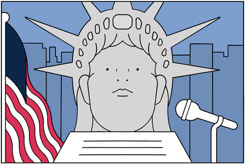 Illustration of the Statue of Liberty at a speaker's podium with a US flag in the background