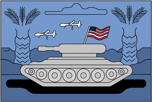 Illustration of a tank with an American flag with two military drones in the sky and palm trees in the background