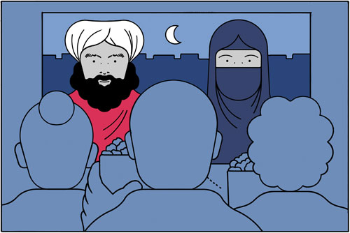 Illustration of a man in a turban and a woman in a burqa on a cinema screen with an audience watching