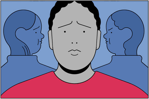 Illustration of a person facing forward with a sad look and two people in the background looking at them – one person looks disapproving and the other person looks scared.