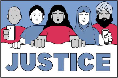 Illustration of a diverse group of people standing behind a banner that says 'Justice', two people are holding cell phones