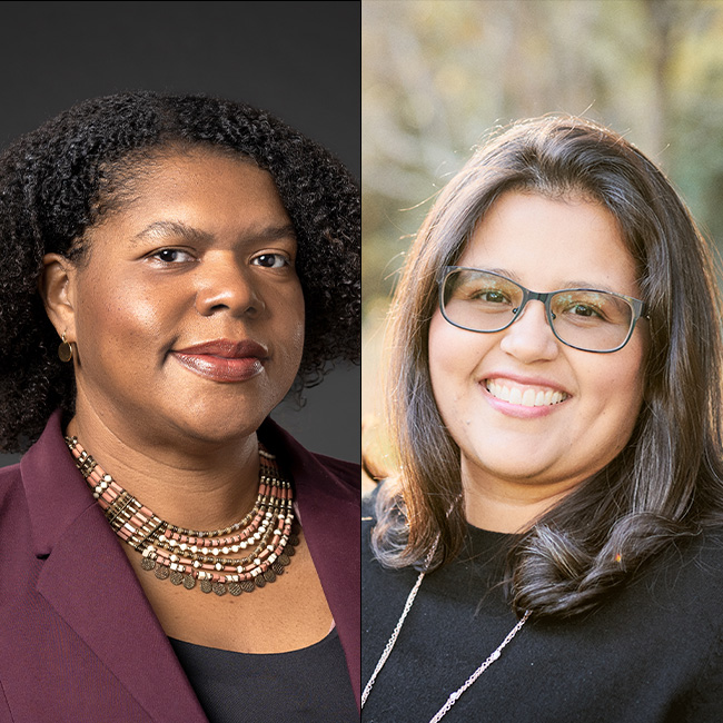 A portrait of Tomea Sippio-Smith, smiling, on the left and Dayna Muñiz, smiling, on the right. Sippio-Smith’s was taken by Kyle Kielinski for Penn GSE. Muñiz’s photo was taken by Kira Luxon Pepe.