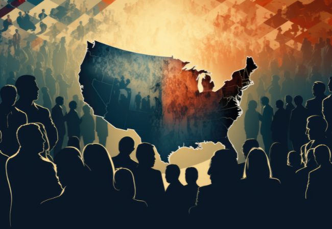 A graphic of a divided United States map in blue and red, with silhouetted figures in the foreground against a gradient background.