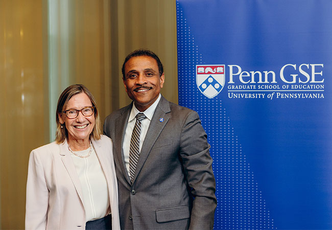 Penn GSE Dean Pam Grossman (left) and the School District of Philadelphia’s new superintendent, Tony B. Watlington, Sr. (right) at the Kislak Center for Special Collections, Rare Books and Manuscripts on November 1, 2022.