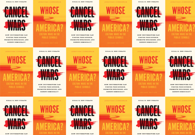 A montage of alternating book covers. The two new books in the montage were written by Penn GSE professors Sigal Ben-Porath and Jonathan Zimmerman.